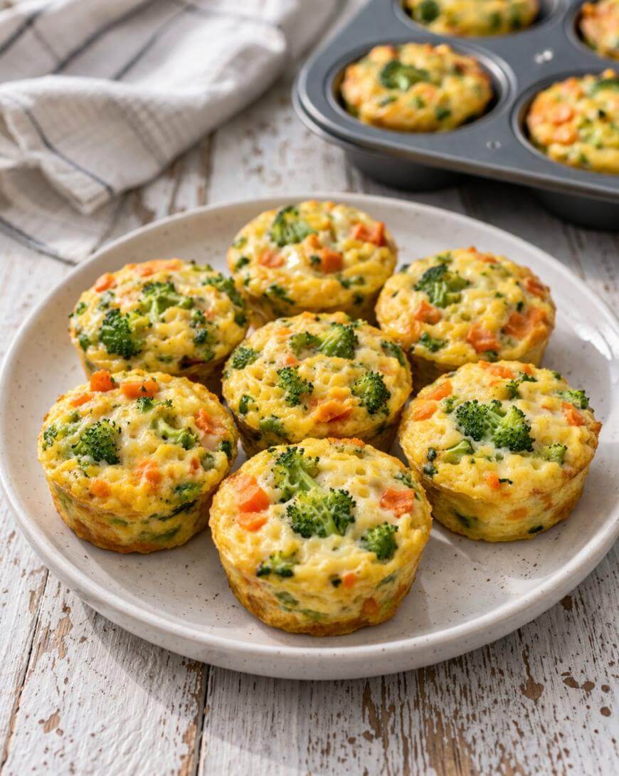 A plate of seven baked egg muffins with visible broccoli and diced carrots sits on a rustic wooden table. More muffins are in a muffin pan in the background, next to a folded kitchen towel.