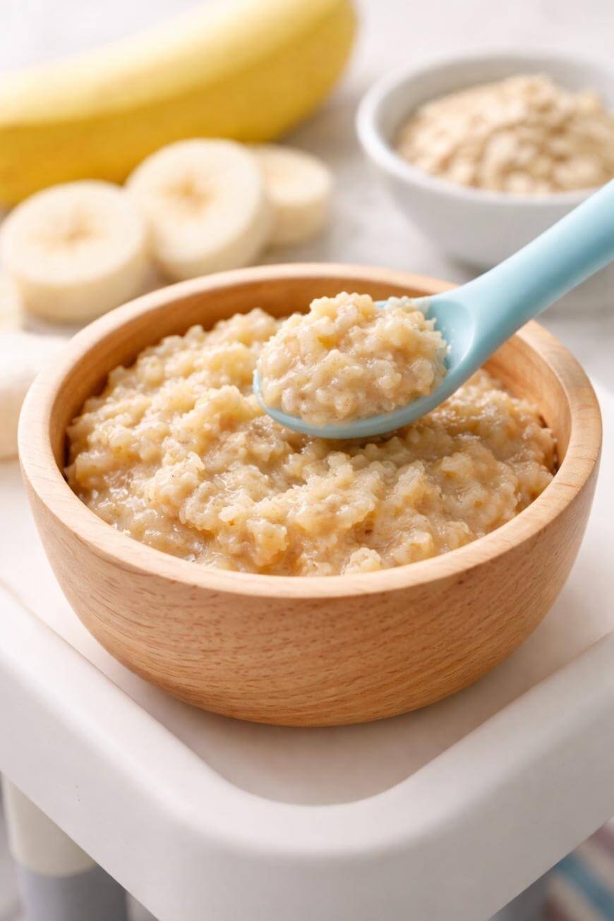 A wooden bowl filled with creamy oatmeal, with a blue spoon scooping some out. Sliced bananas and a bowl of oats are blurred in the background.