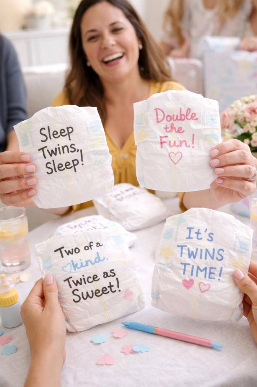 A smiling woman at a baby shower holds up two diapers with handwritten messages, while two more decorated diapers with messages are held by others in front. The diapers feature fun phrases about twins.