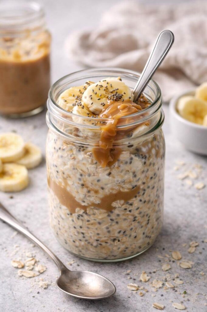 A glass jar filled with overnight oats, chia seeds, banana slices, and a swirl of peanut butter, topped with more banana and chia seeds. A spoon is in the jar and another spoon rests on the table.