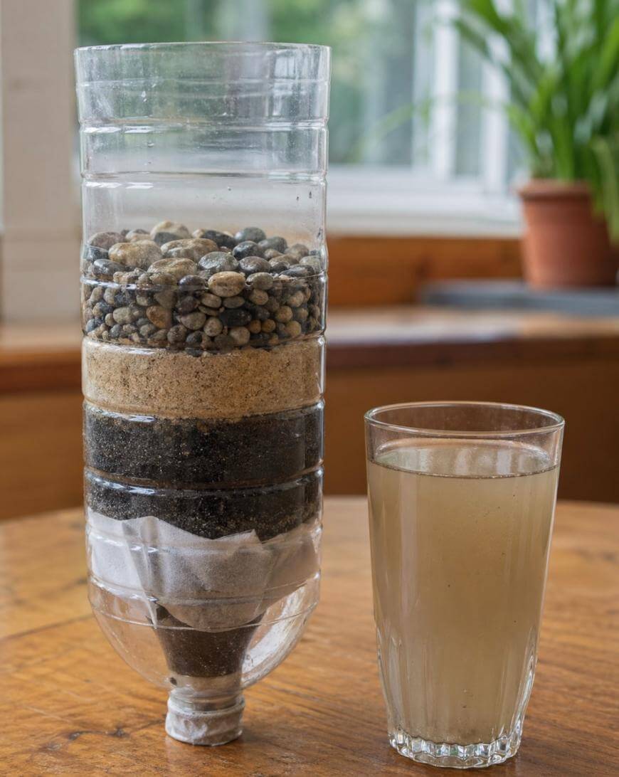 A homemade water filter made from a cut plastic bottle layered with pebbles, sand, and charcoal sits beside a glass of murky water on a wooden table, with plants and a window in the background.