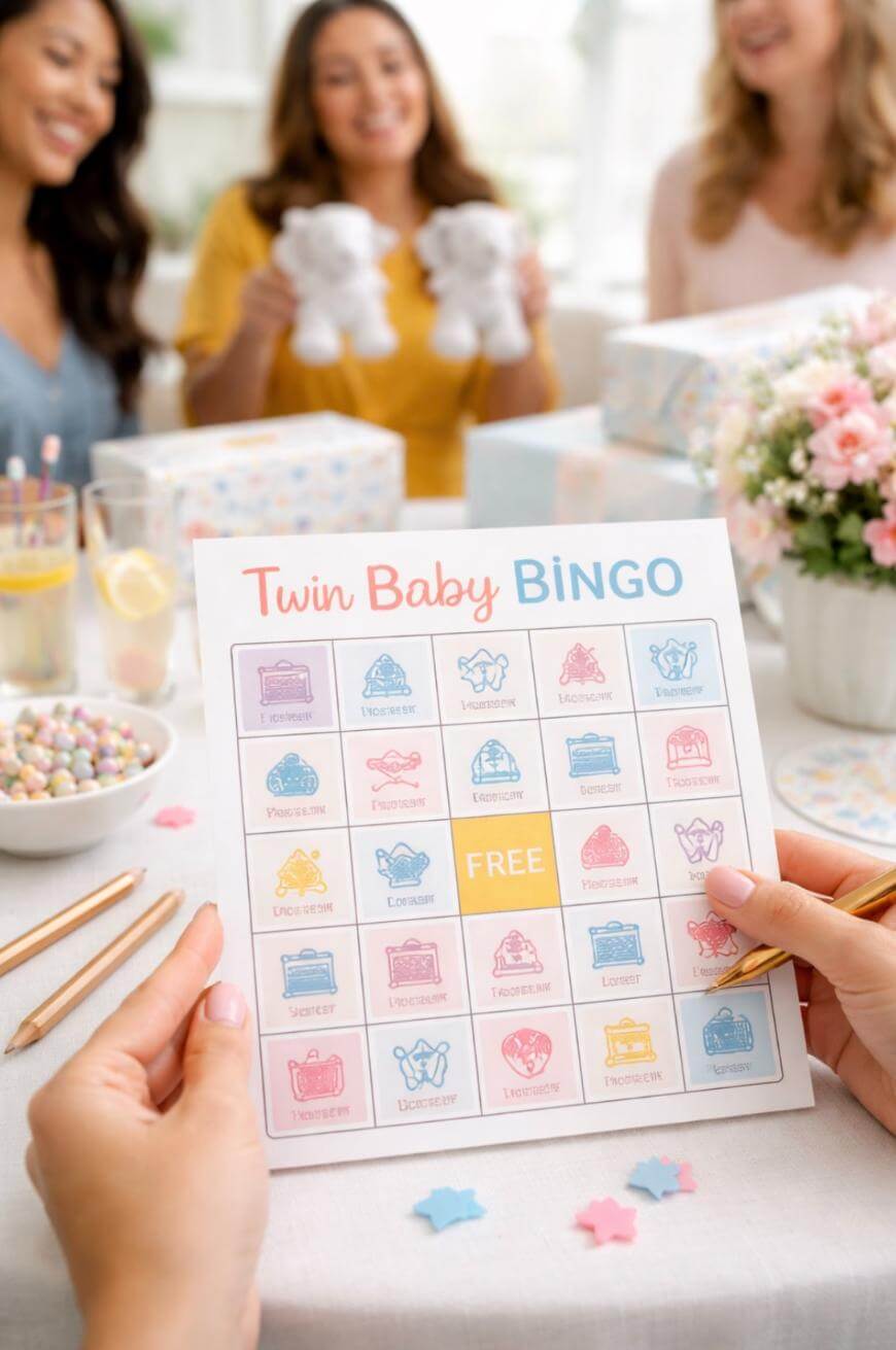 A person holds a Twin Baby Bingo card at a baby shower. Three women in the background smile and chat, with gifts, flowers, drinks, and treats on the table. The scene is bright and festive.