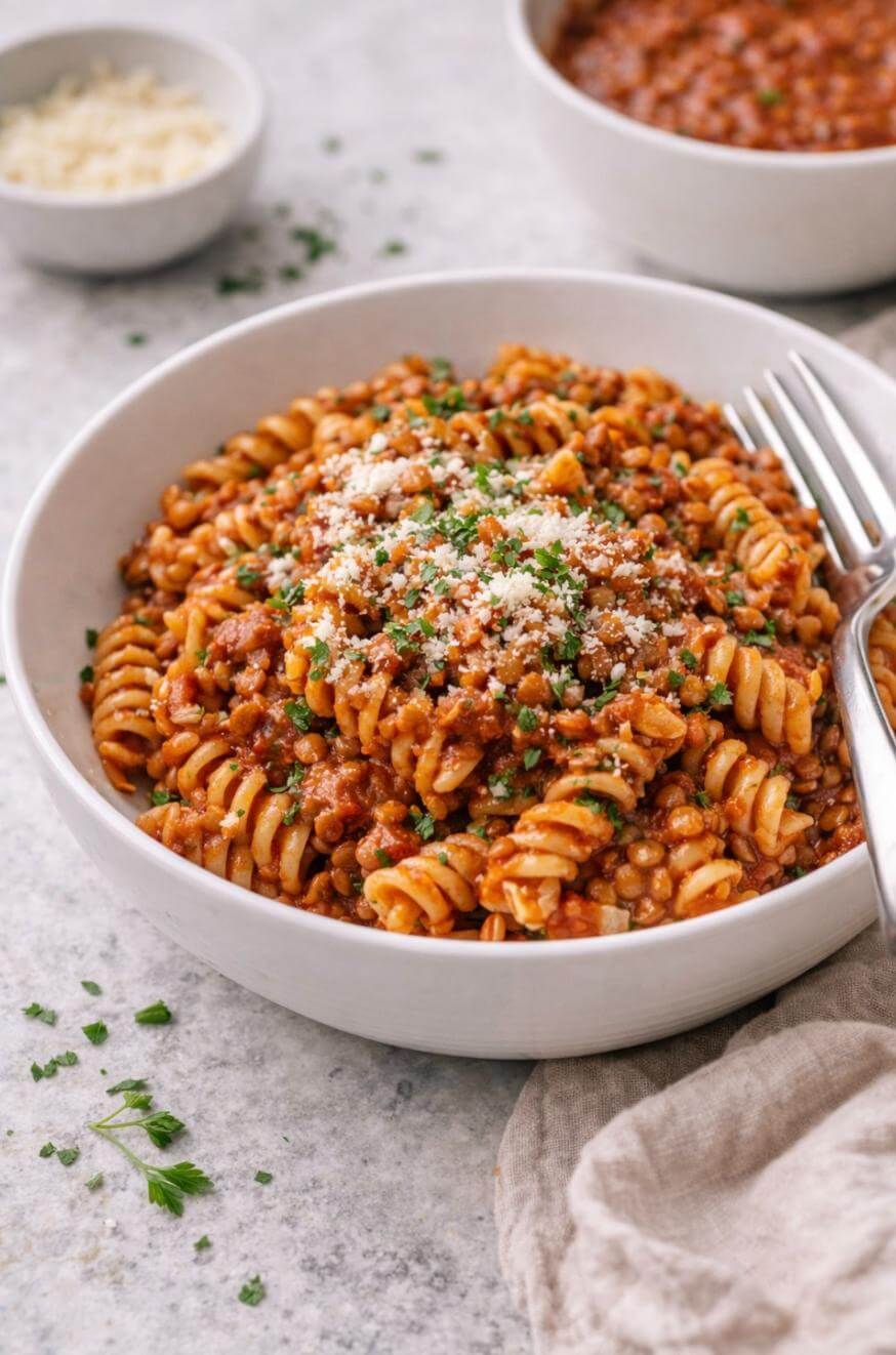 A white bowl filled with rotini pasta topped with a rich tomato meat sauce, grated cheese, and chopped herbs. A fork and knife are placed in the bowl, with another bowl of sauce and a dish of grated cheese in the background.