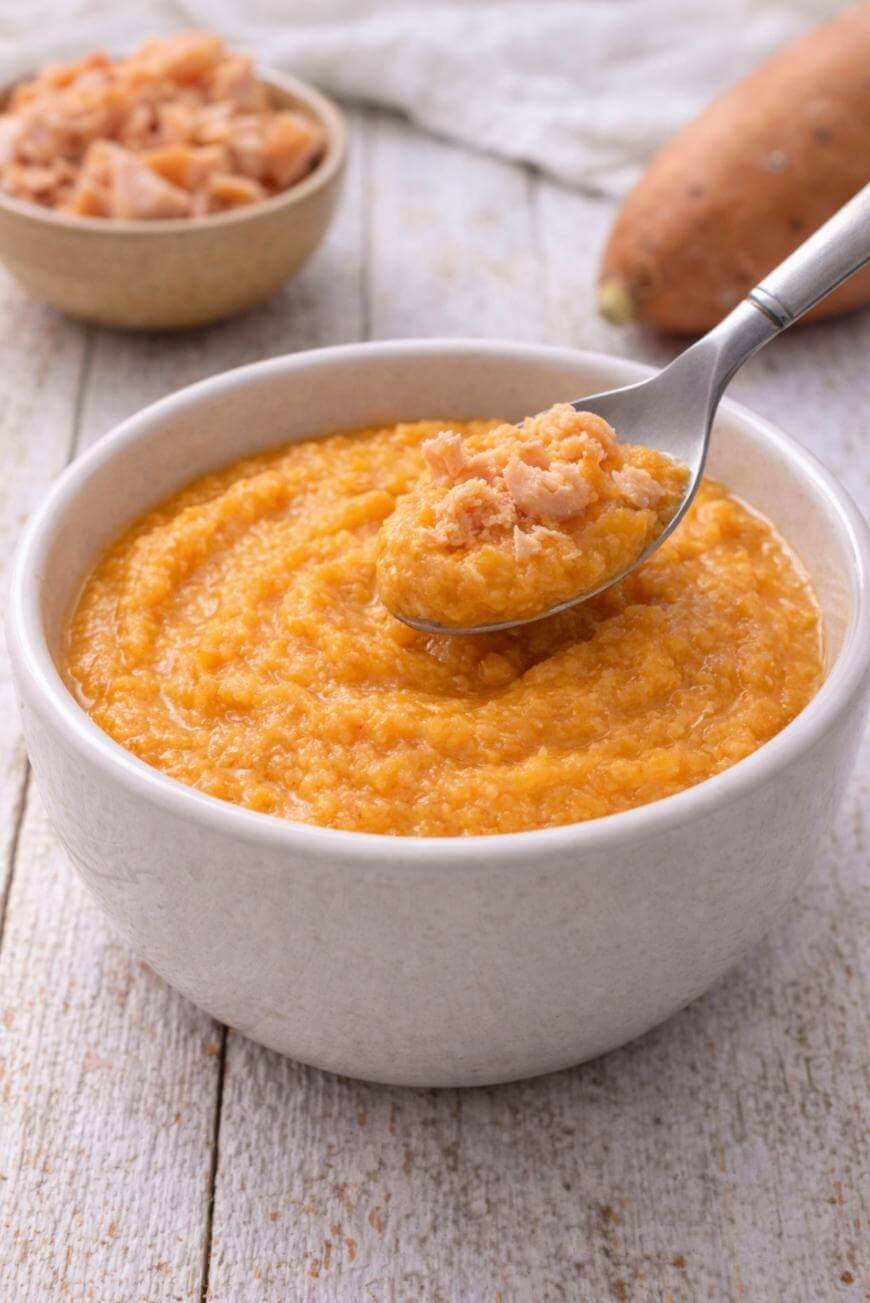 A bowl of orange-colored pureed food, possibly sweet potato mash, sits on a wooden surface. A spoonful has been lifted above the bowl, and a bowl of shredded meat and a sweet potato are in the background.