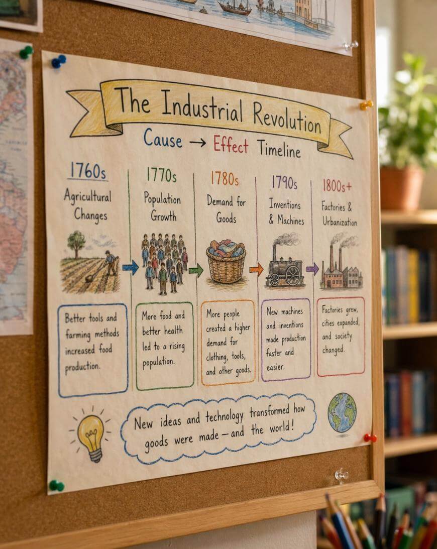 A colorful poster on a corkboard titled The Industrial Revolution Cause → Effect Timeline, showing key developments from the 1760s to 1800s+, with illustrations and brief descriptions for each stage.