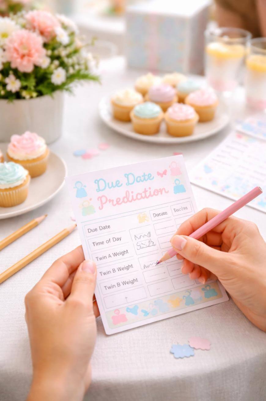 A person fills out a Due Date Prediction card at a baby shower, with pastel cupcakes, drinks, and pink flowers on a white tablecloth in the background.