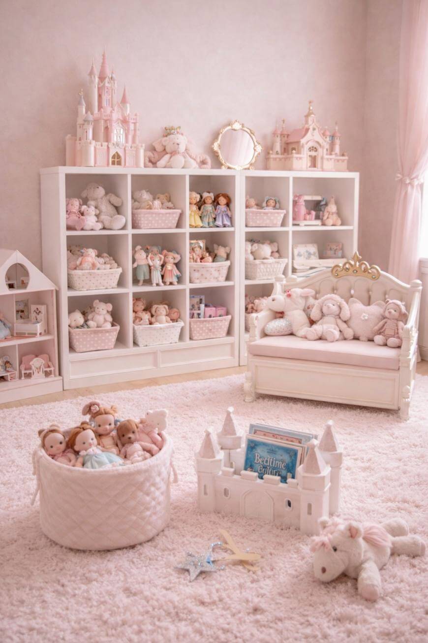 A pastel-themed childrens room with shelves of stuffed animals, dolls, and castles, a small white couch with plush toys, a fluffy rug, and soft decorative toys arranged neatly throughout.