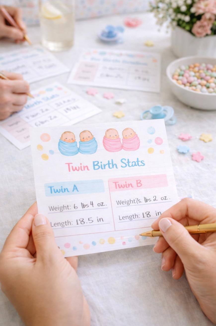 A person fills out a colorful Twin Birth Stats card with cartoon babies, noting weight and length for Twin A and Twin B. Other cards, pens, snacks, and decorations are on the table in the background.