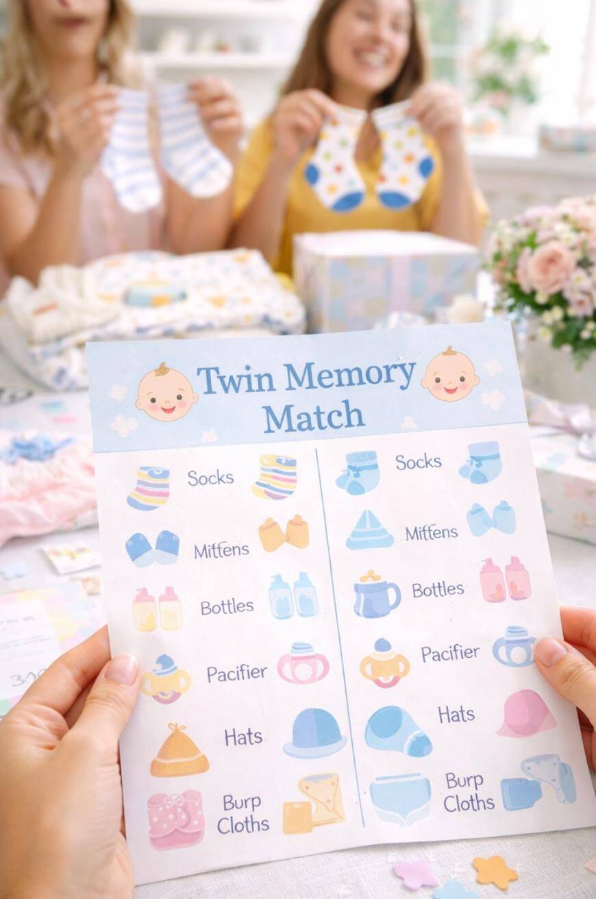 A person holds a Twin Memory Match game sheet with baby item illustrations, while two people in the background hold up pairs of baby socks at a baby shower.
