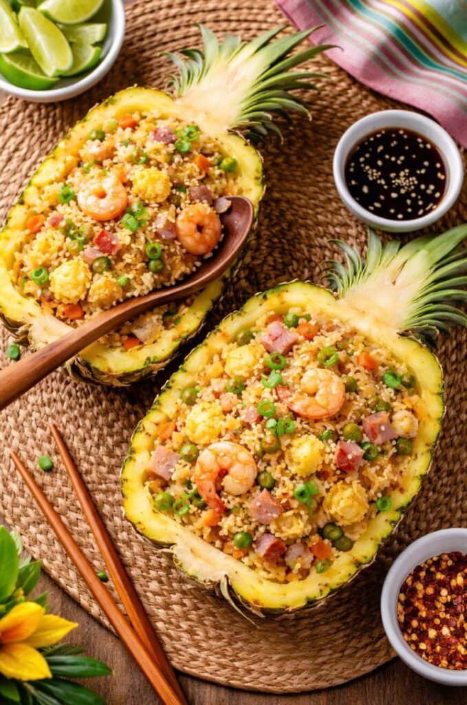 Pineapple halves filled with shrimp fried rice, garnished with peas, carrots, and ham. Surrounded by lime wedges, soy sauce, chili flakes, and chopsticks on a woven placemat.