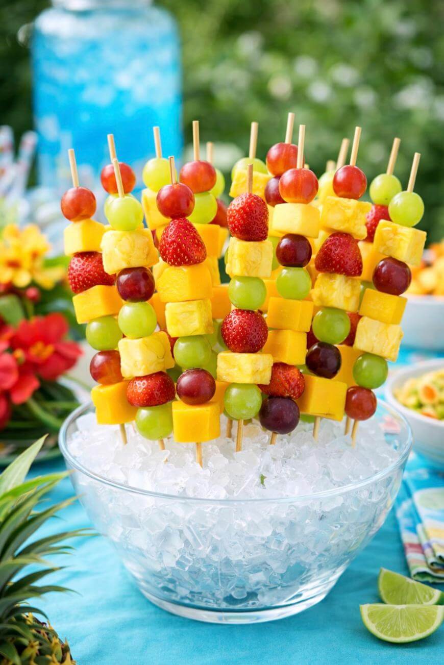 Colorful fruit skewers with strawberries, grapes, pineapple, and mango are arranged upright in a glass bowl filled with ice. The display is set outdoors with flowers and other food in the background.