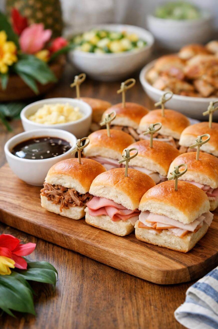 A wooden board with mini sandwiches, each topped with a toothpick, sits on a table. Bowls of shredded cheese, sauce, vegetables, and more food items are in the background. Tropical flowers decorate the scene.