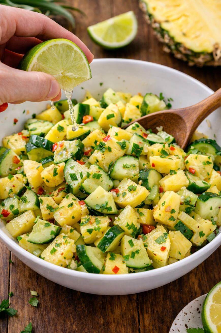 A hand squeezes a lime wedge over a bowl of pineapple and cucumber salad, garnished with chopped herbs and red chili, with a wooden spoon in the bowl on a wooden table.