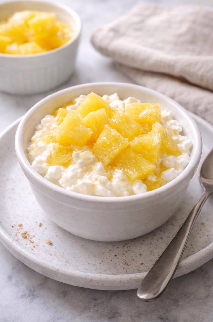 A white bowl filled with cottage cheese topped with pineapple chunks sits on a plate with a spoon beside it. Another bowl of cottage cheese and pineapples is in the background next to a folded beige napkin.