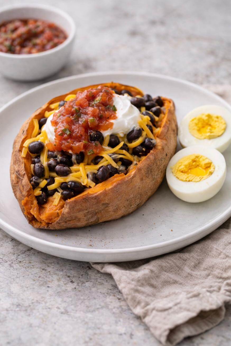A baked sweet potato topped with black beans, shredded cheddar cheese, sour cream, and salsa, served on a white plate next to two halves of a hard-boiled egg, with a bowl of salsa in the background.