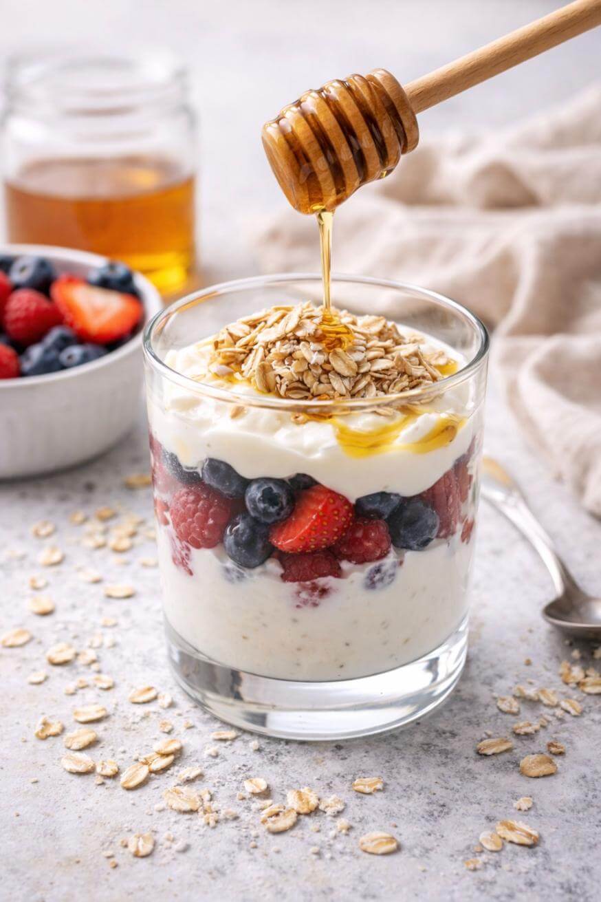 A glass filled with yogurt, granola, strawberries, and blueberries, with honey being drizzled on top. A bowl of berries, a jar of honey, and scattered oats are in the background.