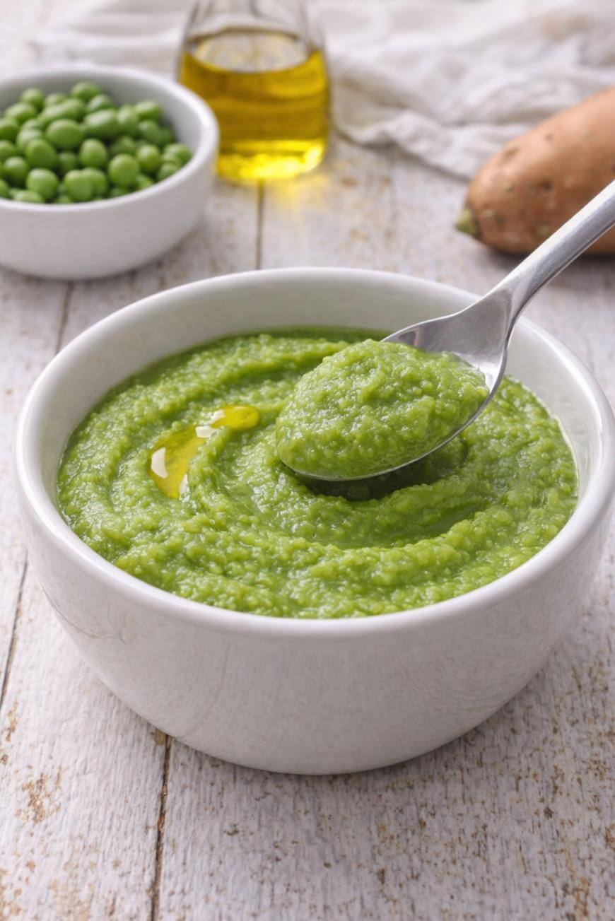 A bowl of green pea puree with a drizzle of olive oil, a spoon scooping some up. In the background, a bowl of green peas, a sweet potato, and a bottle of olive oil are visible on a wooden surface.
