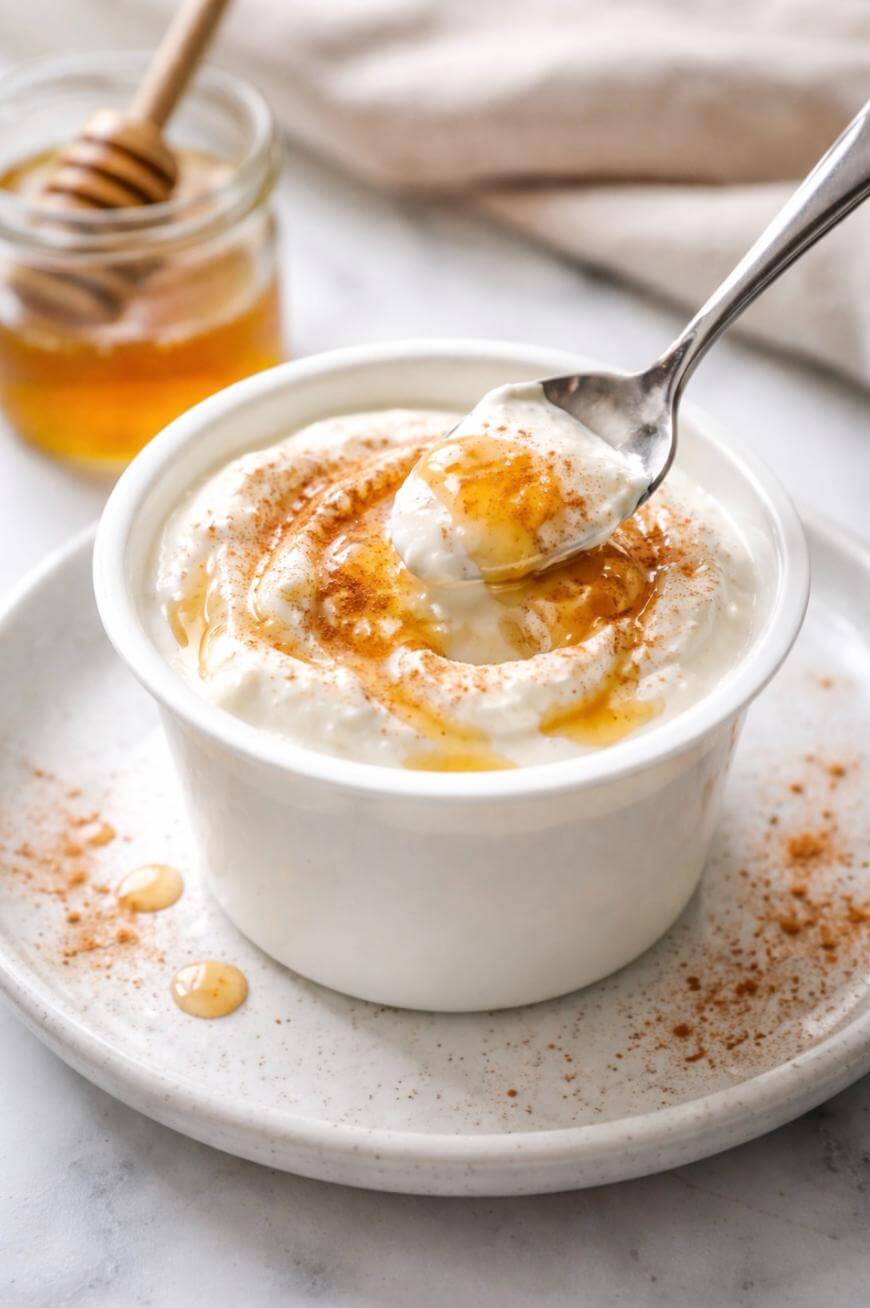 A bowl of creamy yogurt drizzled with honey and sprinkled with cinnamon sits on a white plate. A spoon scoops some yogurt, and a jar of honey with a dipper is in the background.