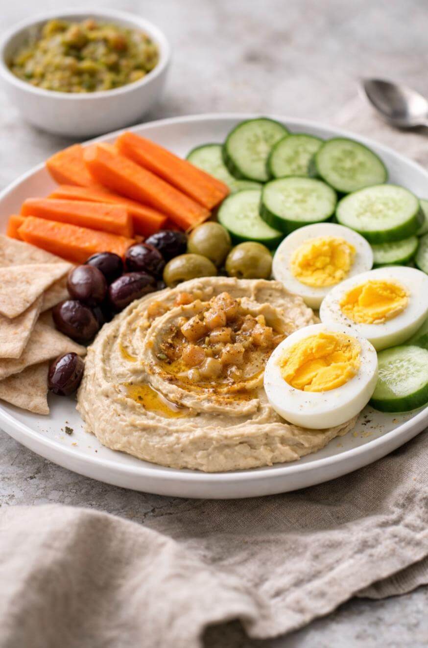 A plate with hummus drizzled with olive oil, hard-boiled egg halves, sliced cucumbers, carrot sticks, olives, pita bread, and a small bowl of dip in the background.