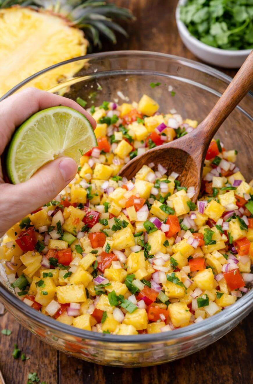 A hand squeezes a lime over a bowl of colorful pineapple salsa, containing diced pineapple, tomato, onion, and cilantro. A wooden spoon is in the bowl, and fresh cilantro is visible in the background.