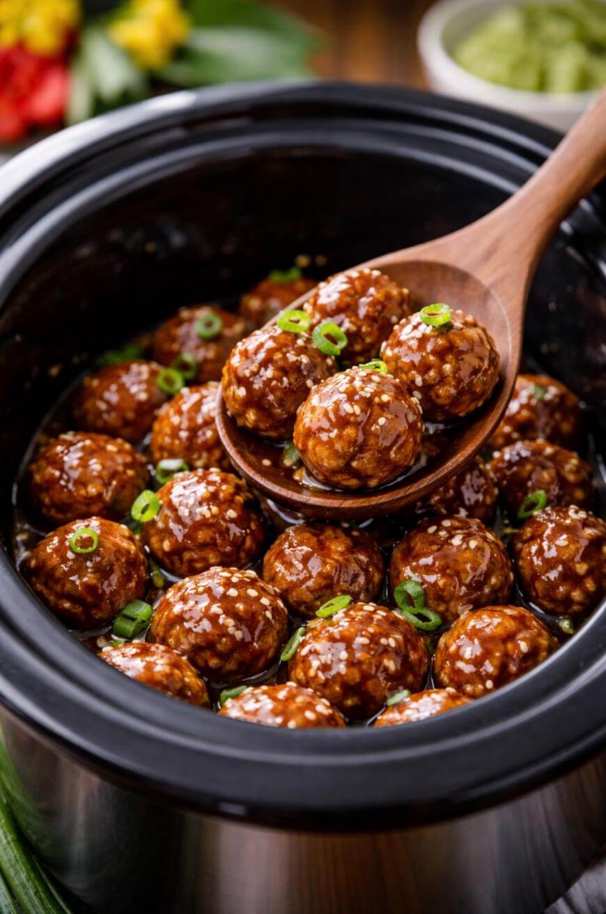 A wooden spoon lifts saucy meatballs garnished with sesame seeds and chopped green onions from a slow cooker filled with more glazed meatballs.