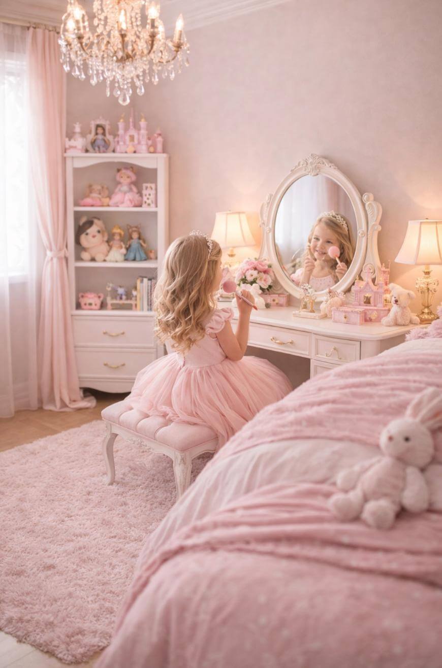 A young girl in a pink dress sits on a bench at a vanity, looking in the mirror. The room is decorated in soft pinks with plush toys, a fluffy rug, and a chandelier, creating a princess-like atmosphere.