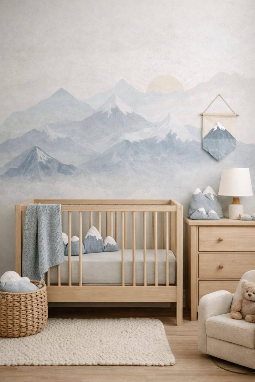 A cozy nursery with a wooden crib, mountain-themed pillows, and a soft blanket, next to a dresser with a lamp, mountain decor, and a basket of plush toys. The wall features a painted mountain mural and a mountain wall hanging.