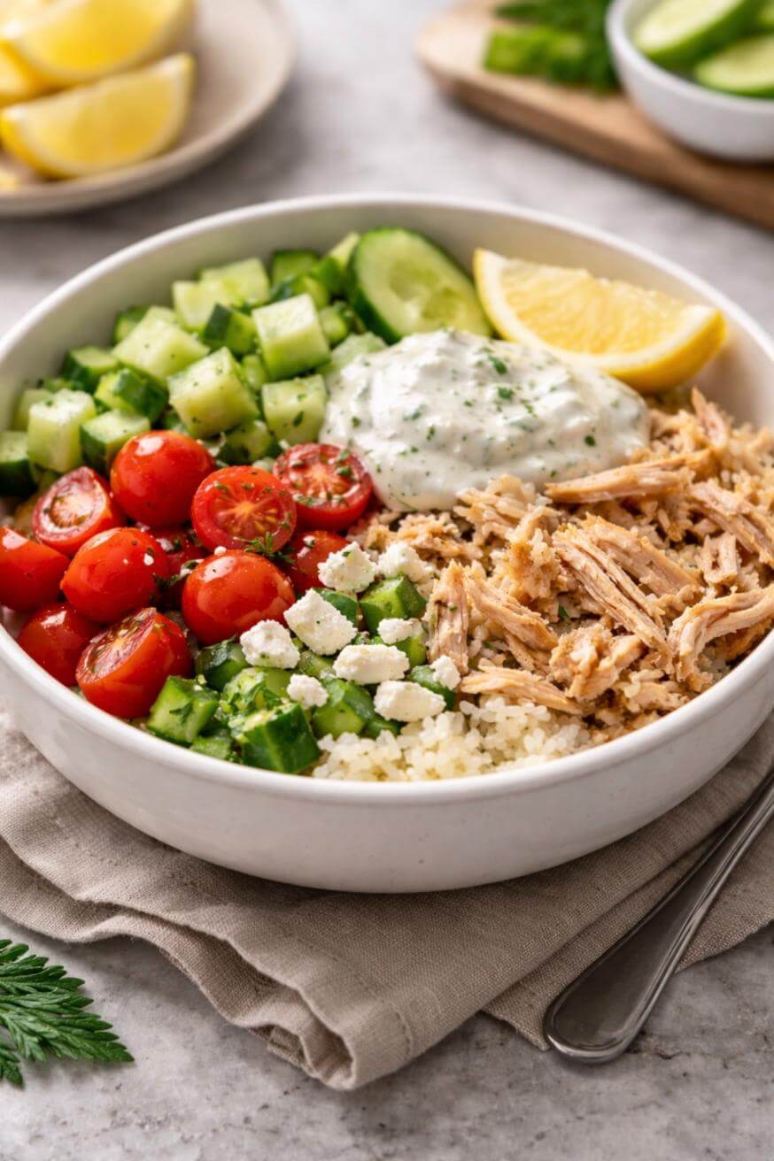 A bowl filled with shredded chicken, cherry tomatoes, cucumber, couscous, feta cheese, a dollop of creamy sauce, and a lemon wedge, served on a beige napkin with a fork nearby.