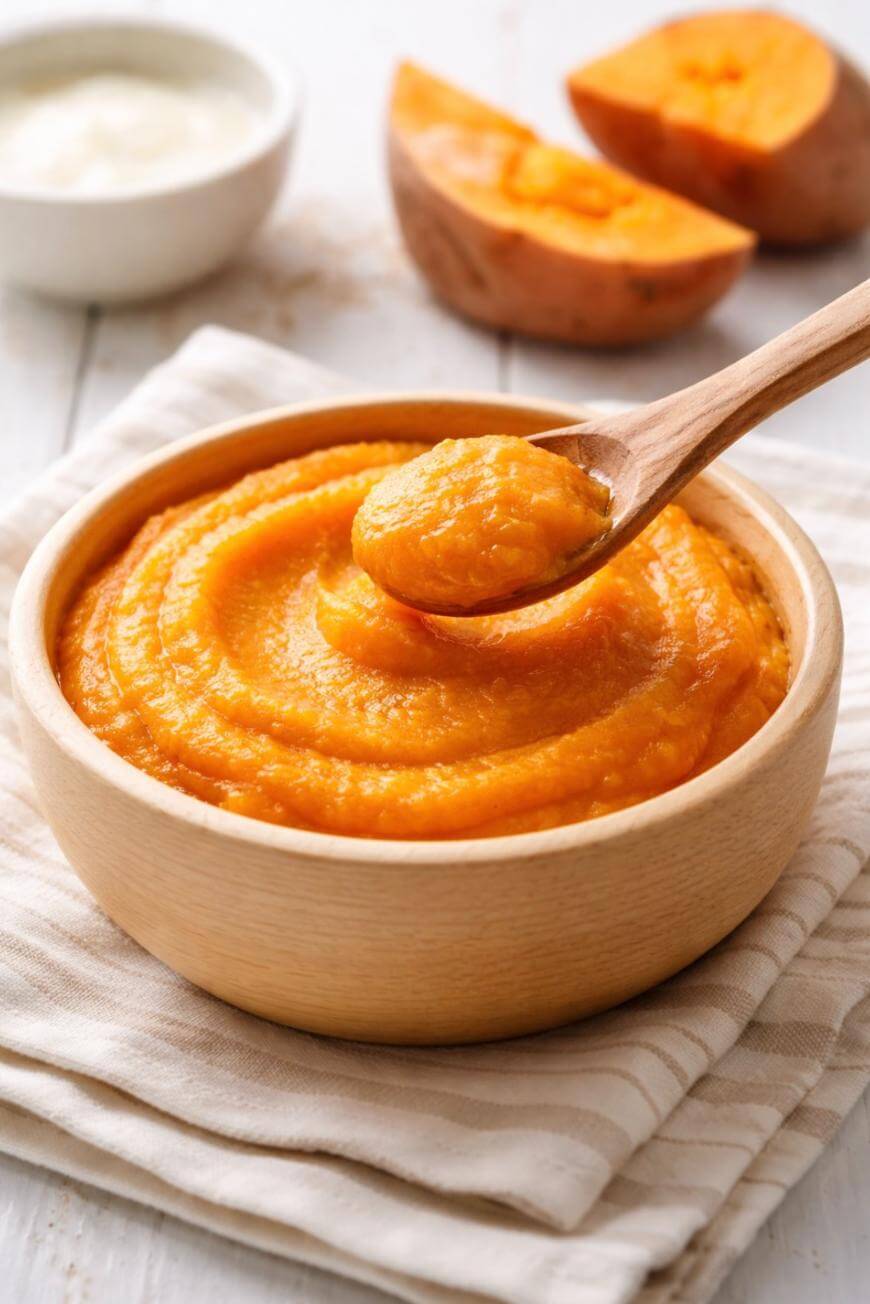 A wooden bowl filled with smooth orange sweet potato puree, with a wooden spoon scooping some out. Slices of sweet potato and a small bowl of creamy sauce are in the background.