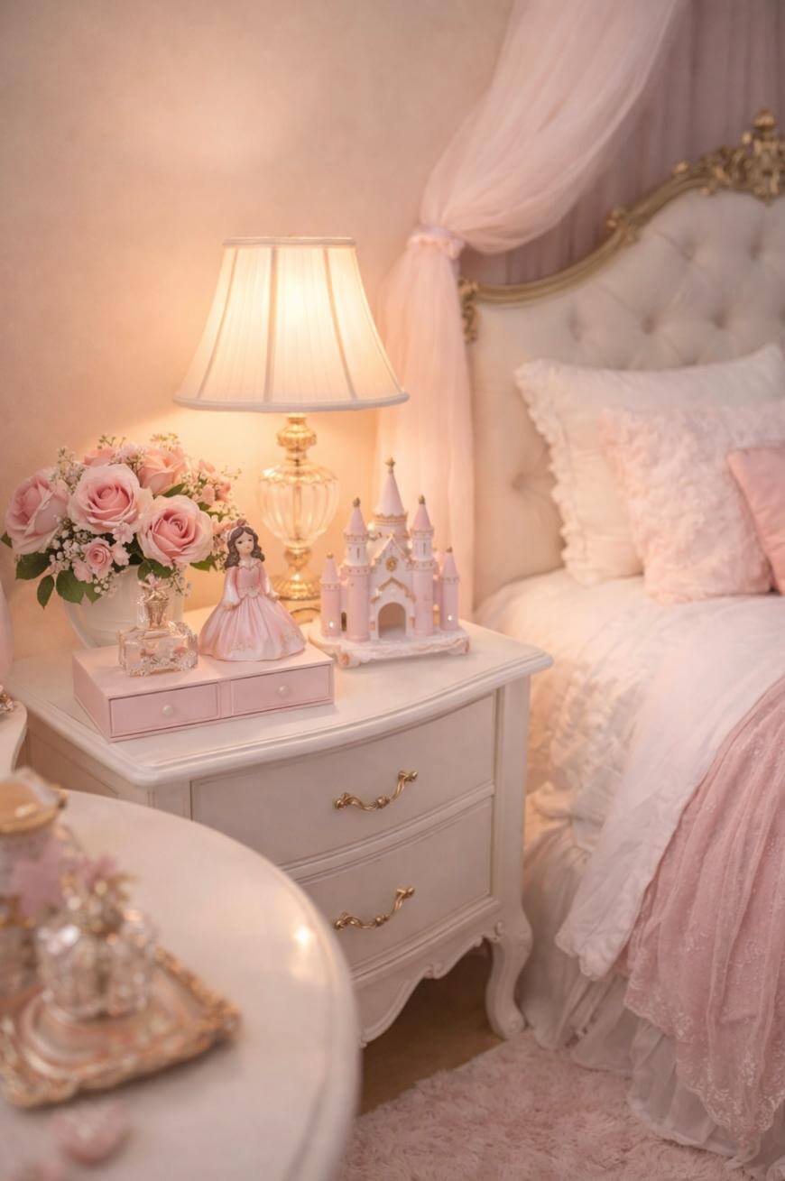 A soft pink and white bedroom with a tufted bed, ruffled pillows, and a nightstand holding a lamp, pink roses, a princess figurine, and a toy castle. The room has an elegant, fairytale-like decor.