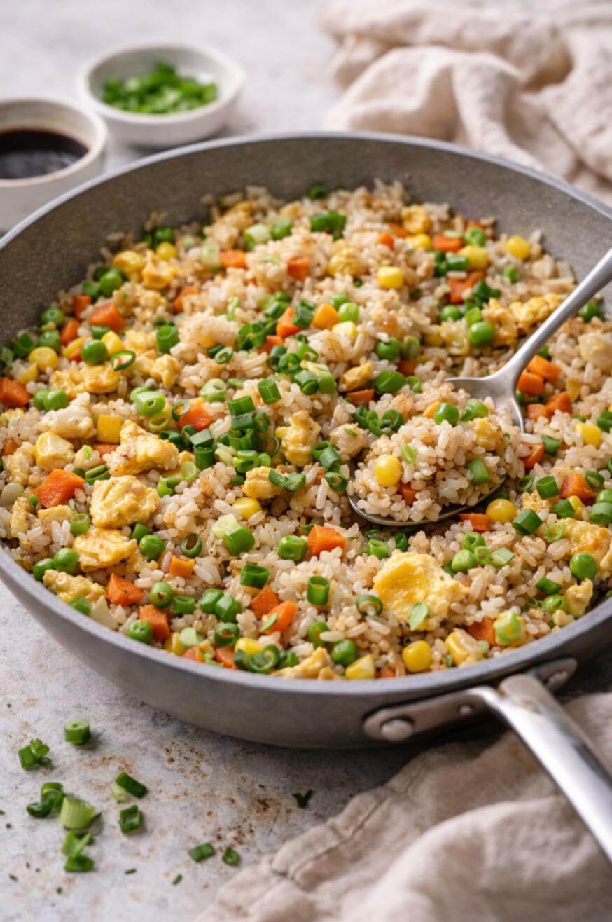 A skillet filled with fried rice, scrambled eggs, peas, carrots, corn, and chopped green onions, with a spoon scooping some out. Bowls of soy sauce and extra green onions are in the background.