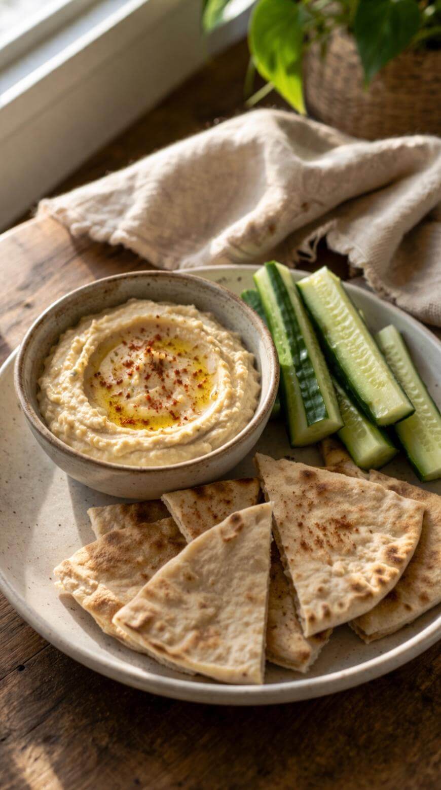 A plate with a bowl of hummus topped with spices, cucumber sticks, and pieces of pita bread, set on a wooden table with a beige napkin and a potted plant in the background.