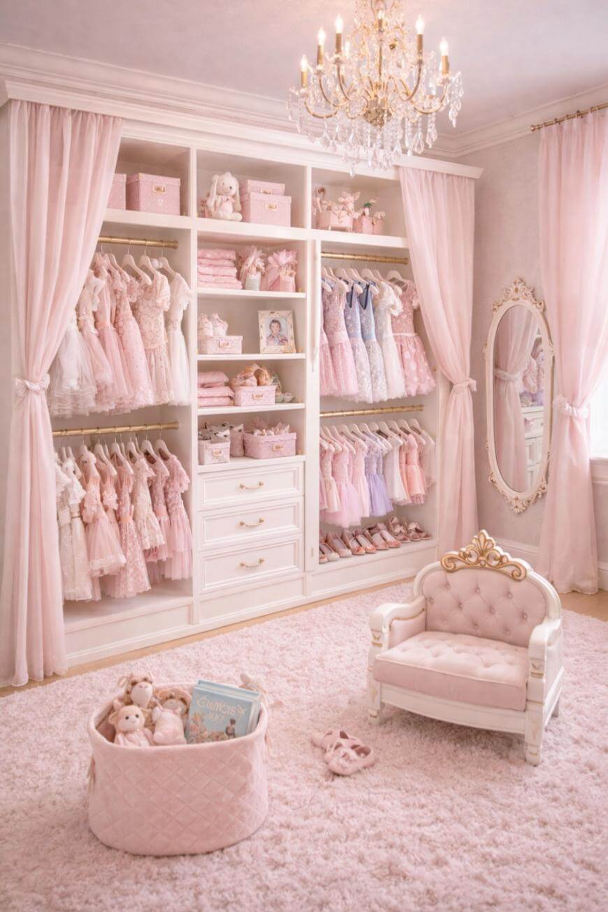 A luxurious pink and white girls bedroom with a chandelier, open wardrobe full of dresses, shelves with toys and shoes, an ornate mirror, a plush chair, and a basket of stuffed animals on a fluffy rug.