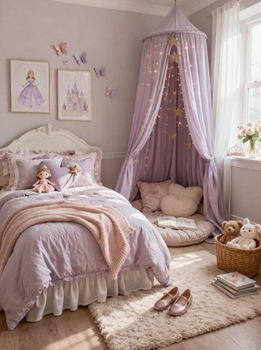 A soft lavender-themed girls bedroom with a canopy draped over a floor cushion, string lights, and star accents. The bed has plush toys and pastel bedding. Decor includes framed princess art, butterflies, and a basket of teddy bears.