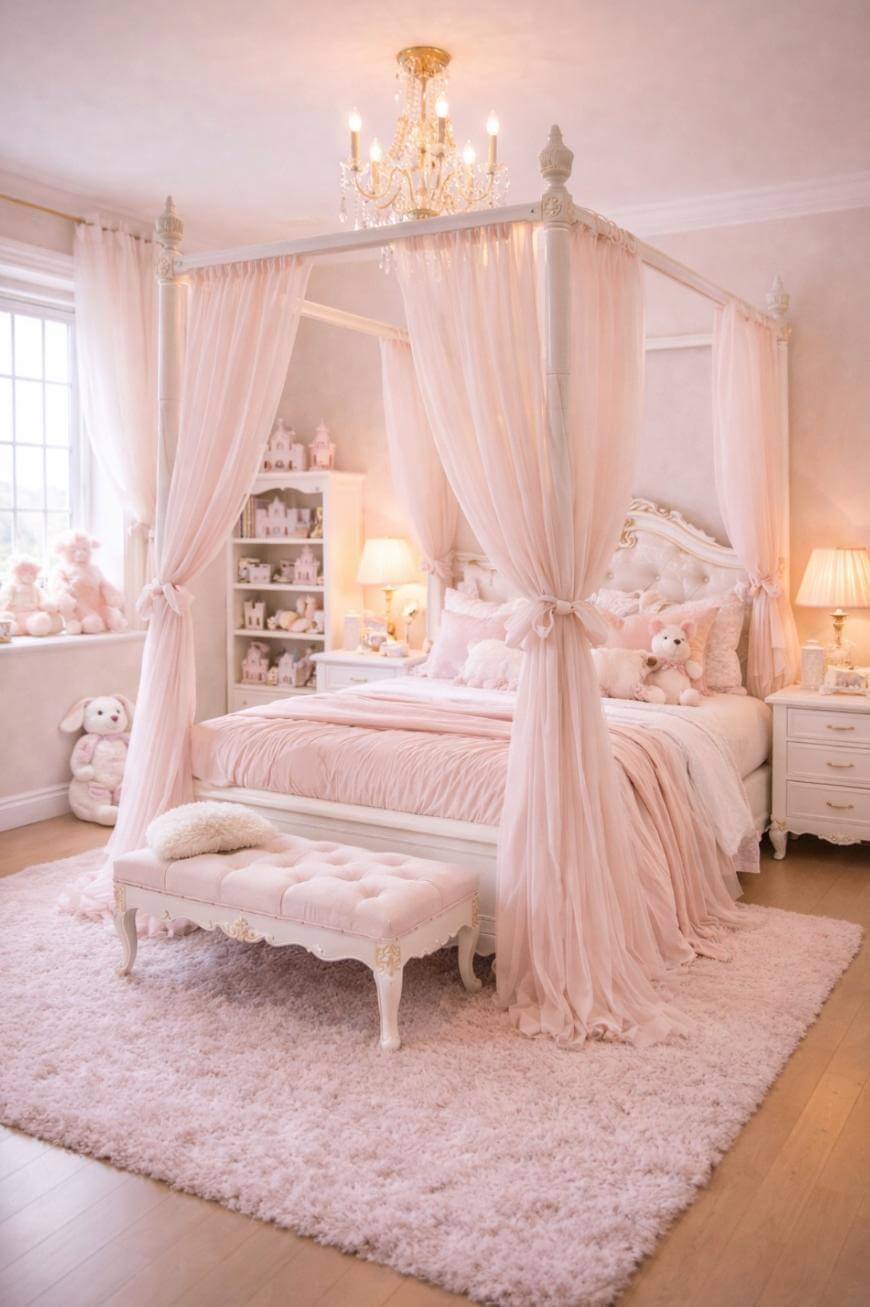 A luxurious bedroom with a white four-poster bed draped in pink sheer curtains, plush bedding, teddy bears, a tufted bench, a chandelier, soft lighting, and a fluffy pink rug on a wooden floor.