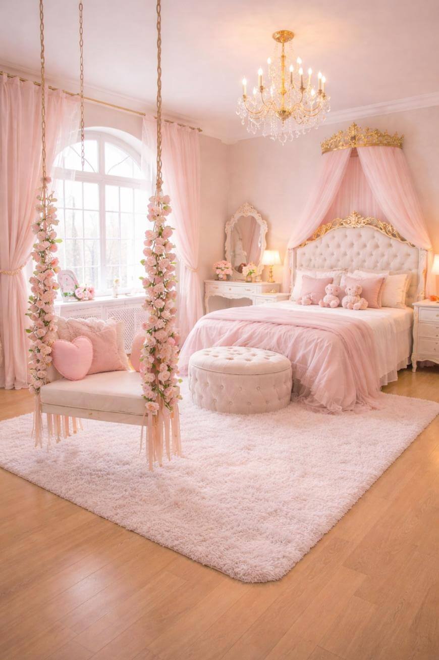 Luxurious pink princess-themed bedroom with a canopy bed, plush bedding, chandelier, vanity, fuzzy rug, and a floral swing. Sunlight streams through a large window, creating a soft, dreamy atmosphere.