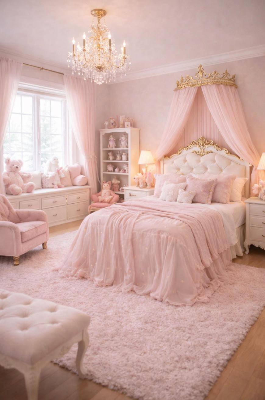 A luxurious, feminine bedroom decorated in soft pink tones with a tufted bed, sheer canopy, plush rug, stuffed animals, and elegant chandeliers, creating a dreamy, princess-like atmosphere.