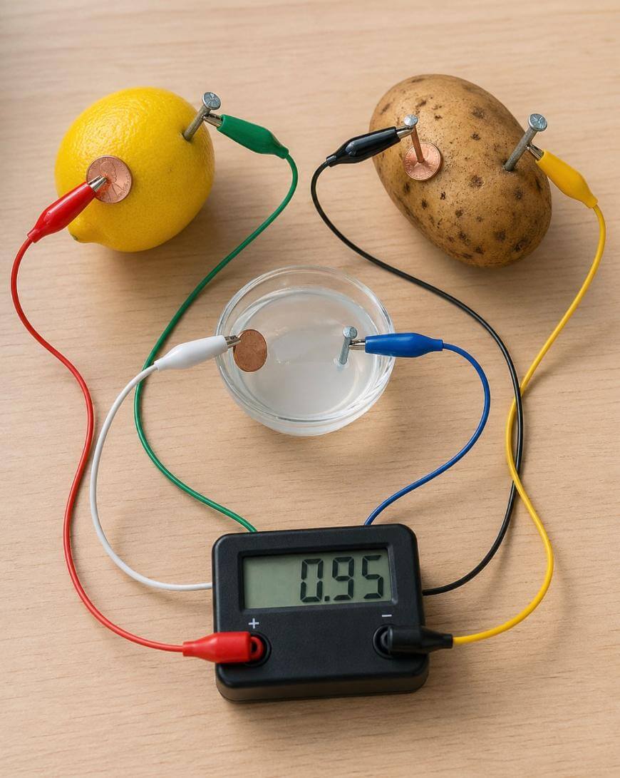 A lemon and a potato, each with a nail and coin electrode, are connected by wires and clips to a digital voltmeter showing 0.95 volts, with a small dish of clear liquid in the center.