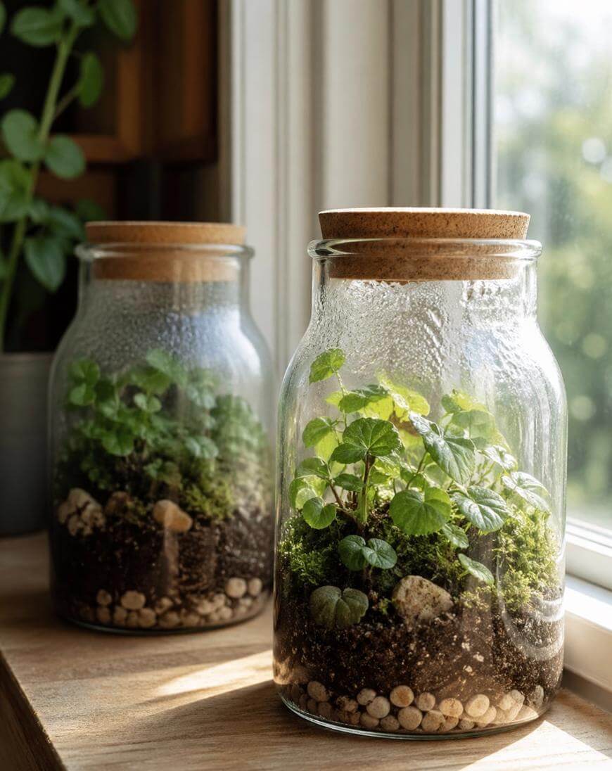 Two glass jars with cork lids hold small terrariums, featuring green plants, moss, and pebbles. The jars sit on a wooden windowsill, with sunlight streaming in through the window.