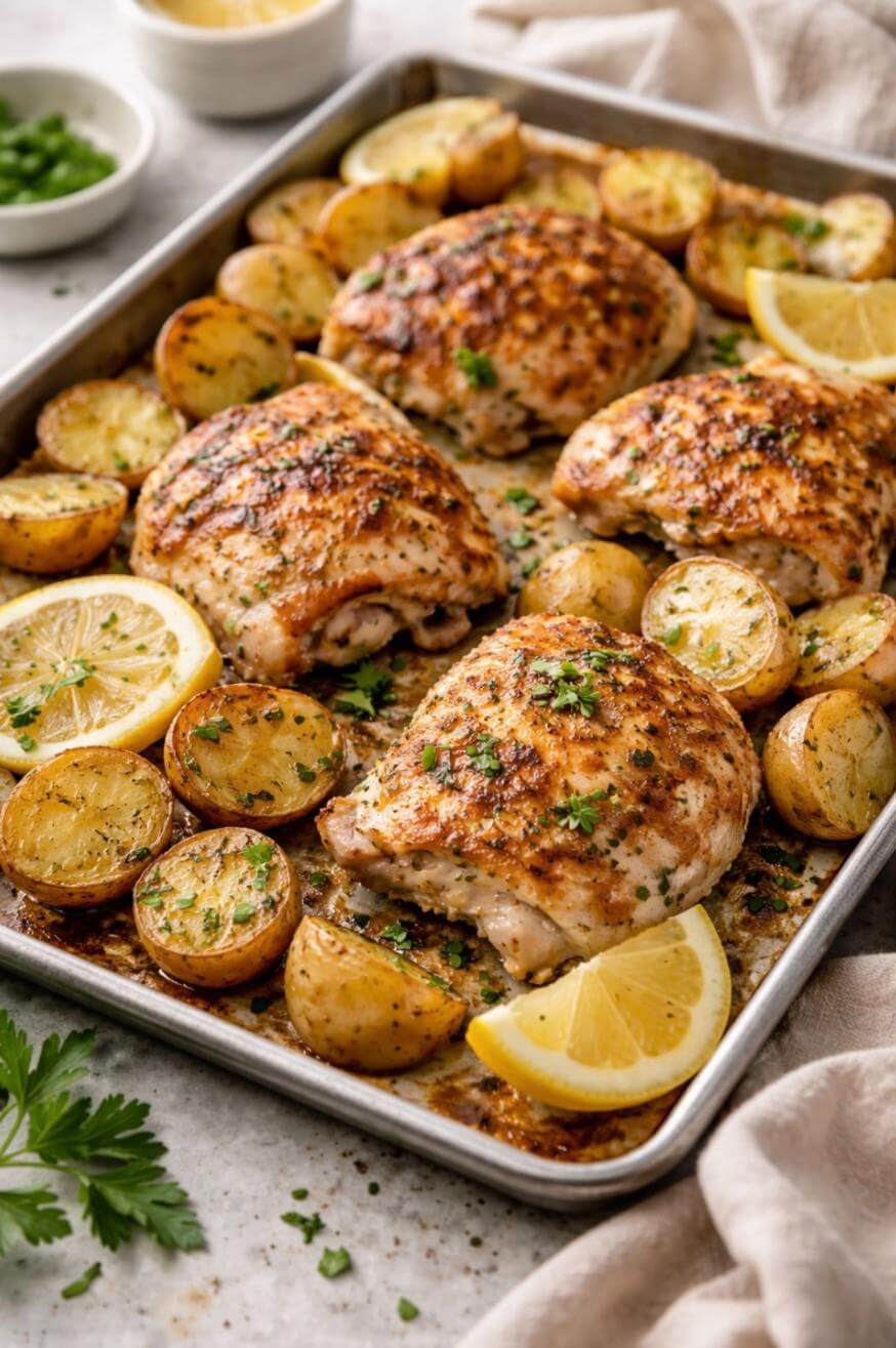A sheet pan with baked chicken thighs, halved baby potatoes, and lemon wedges, garnished with chopped parsley. The chicken is golden brown and the potatoes are roasted; a cloth napkin and a bowl of herbs are nearby.