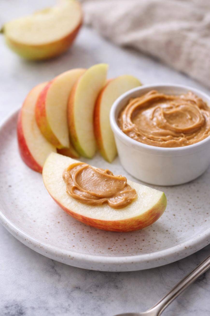 Sliced apple arranged on a plate with a dollop of peanut butter on one slice, next to a small white bowl filled with peanut butter. A spoon and a napkin are in the background.