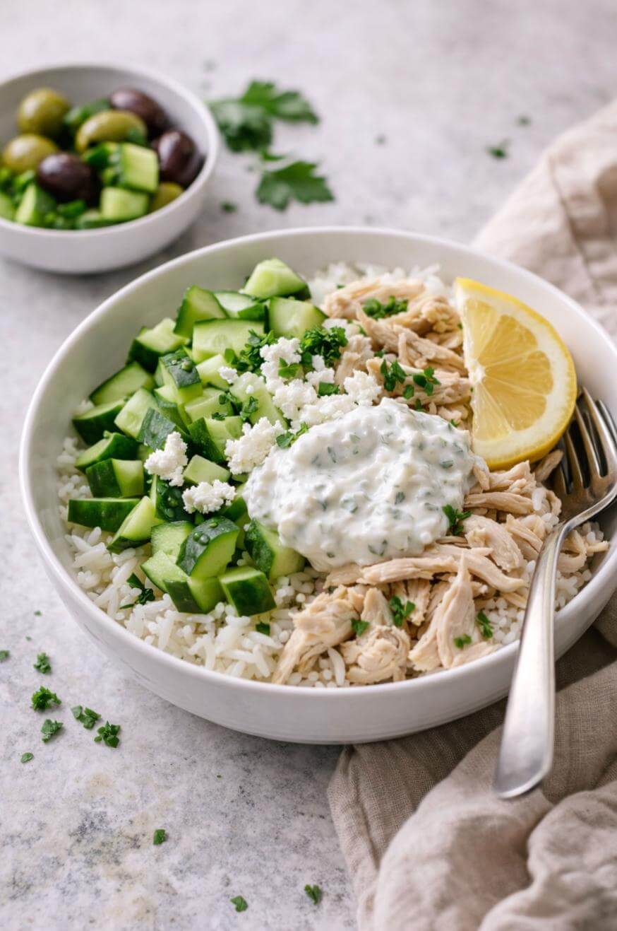 A bowl filled with rice, shredded chicken, chopped cucumber, crumbled feta cheese, tzatziki sauce, and a lemon wedge, with a fork and a beige napkin beside it. A small bowl of olives and cucumbers is in the background.
