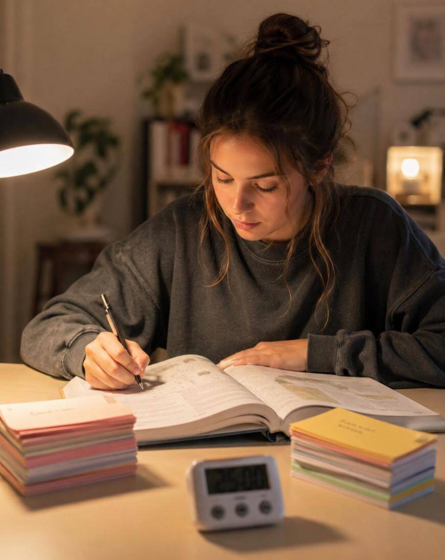 A young woman with brown hair in a bun studies at a desk with an open book, stacks of colorful flashcards, a digital timer, and a desk lamp in a cozy, softly lit room.