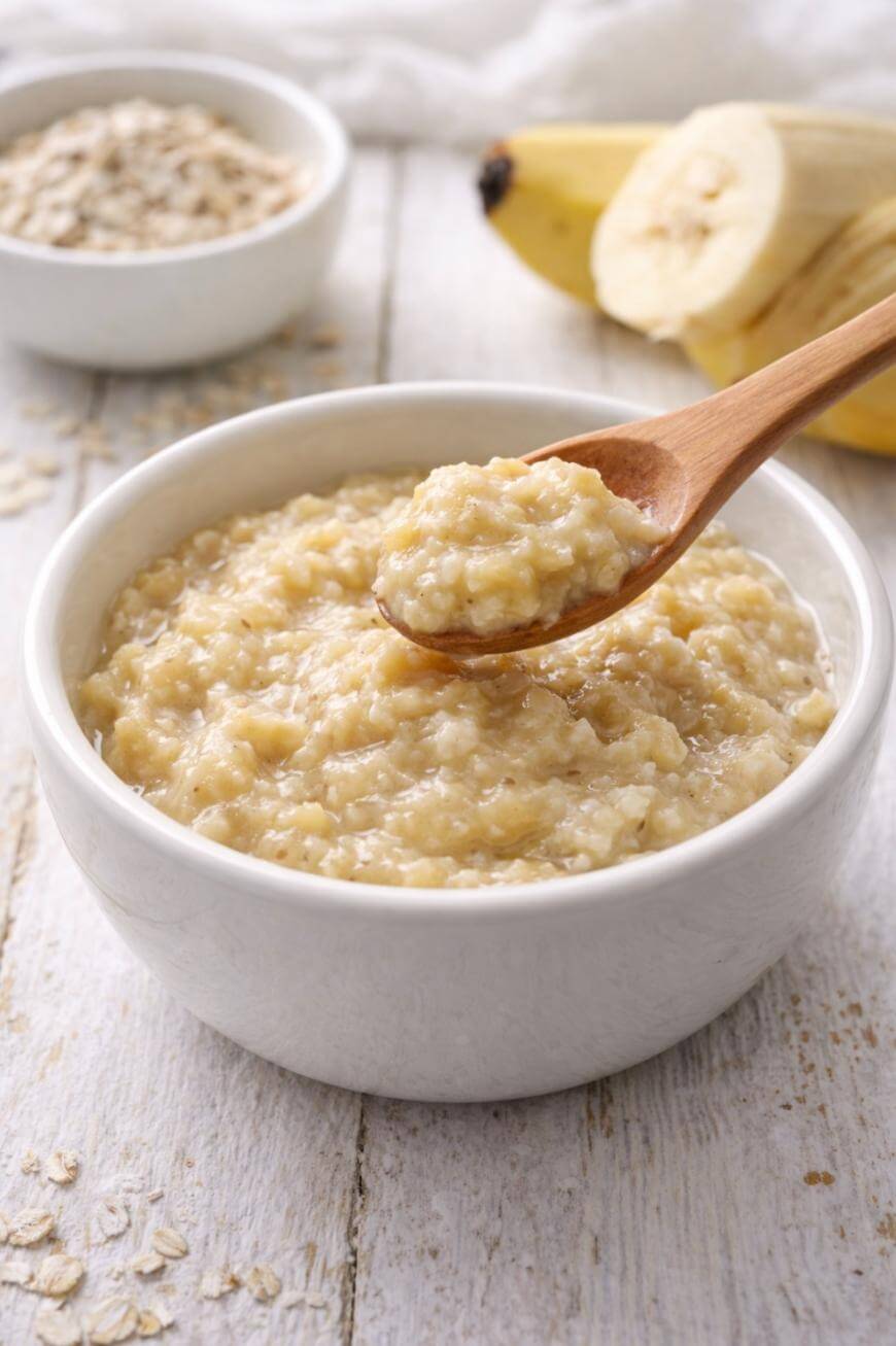 A white bowl filled with creamy oatmeal, with a wooden spoon lifting a spoonful. In the background, there are sliced bananas and a small bowl of oats on a light wooden surface.