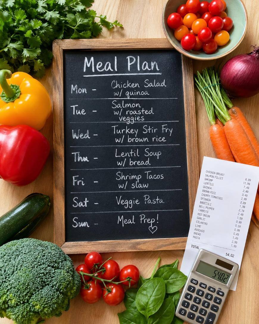 A chalkboard meal plan surrounded by fresh vegetables, herbs, a calculator, and a grocery receipt. Meals listed for each day include chicken salad, salmon, stir fry, lentil soup, shrimp tacos, and veggie pasta.