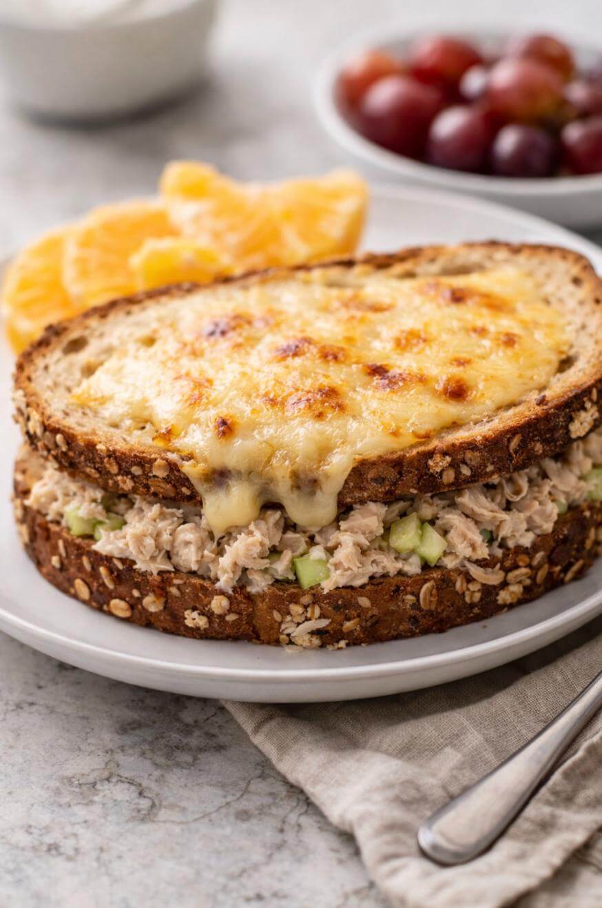 A tuna melt sandwich with melted cheese on whole grain bread sits on a white plate, accompanied by orange slices and grapes in the background.