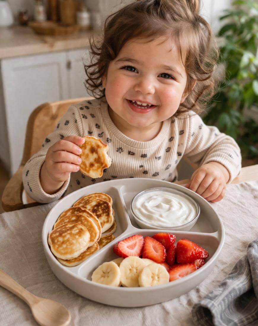 A smiling toddler sits at a table holding a pancake. In front of them is a plate with mini pancakes, banana and strawberry slices, and a small bowl of yogurt. The background shows a kitchen setting.