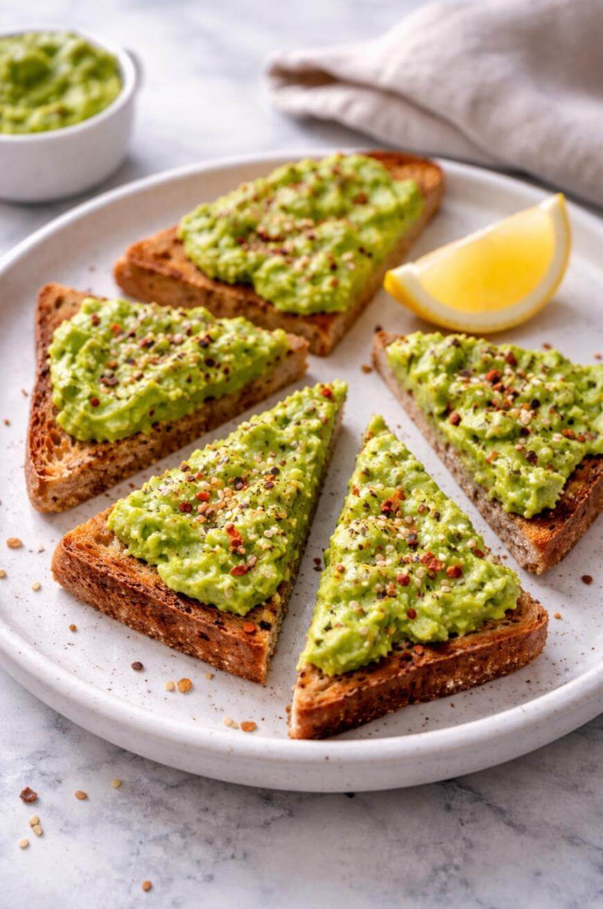A plate with four slices of toast topped with mashed avocado and sprinkled with seasoning, arranged in a circle. A lemon wedge and a small bowl of avocado are in the background.