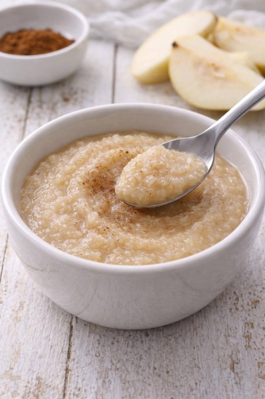 A bowl of creamy applesauce topped with cinnamon, with a spoon scooping some out. Sliced apples and a small dish of cinnamon are in the background on a rustic white wooden table.