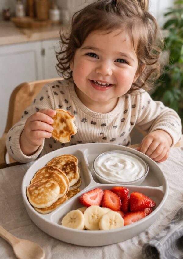 A smiling toddler sits at a table holding a mini pancake. In front of them is a plate divided into sections containing mini pancakes, sliced bananas, strawberries, and a small bowl of yogurt.